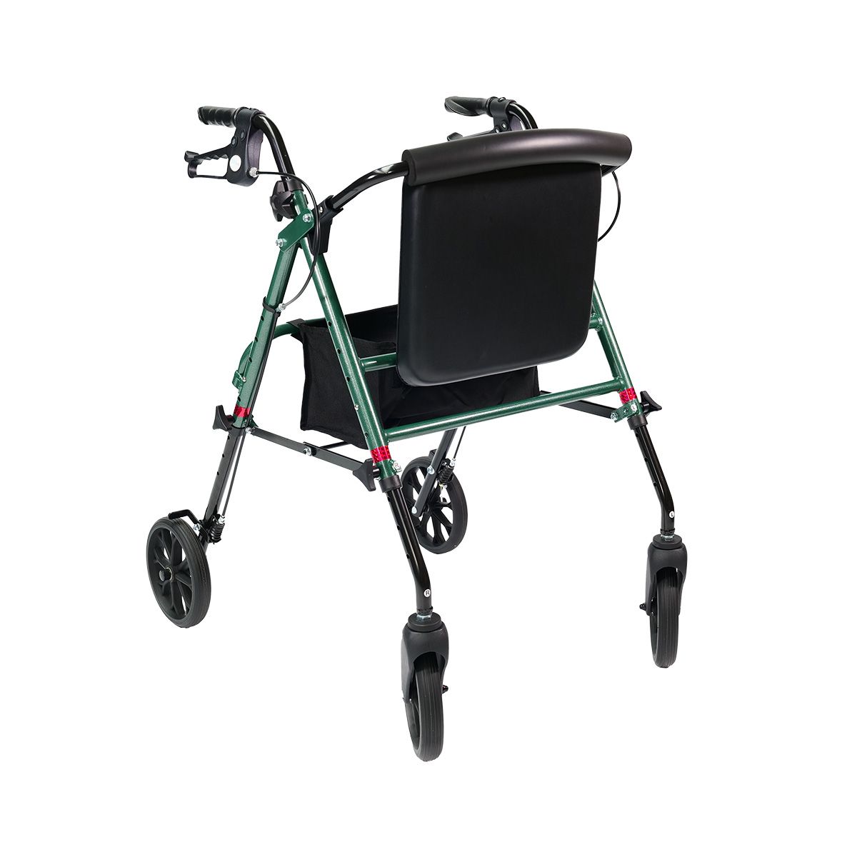 Grüner Rollator mit schwarzem Sitz, Rückenlehne und Einkaufstasche. Vier Räder, zwei vorne, zwei hinten. Griffe und Bremsen.