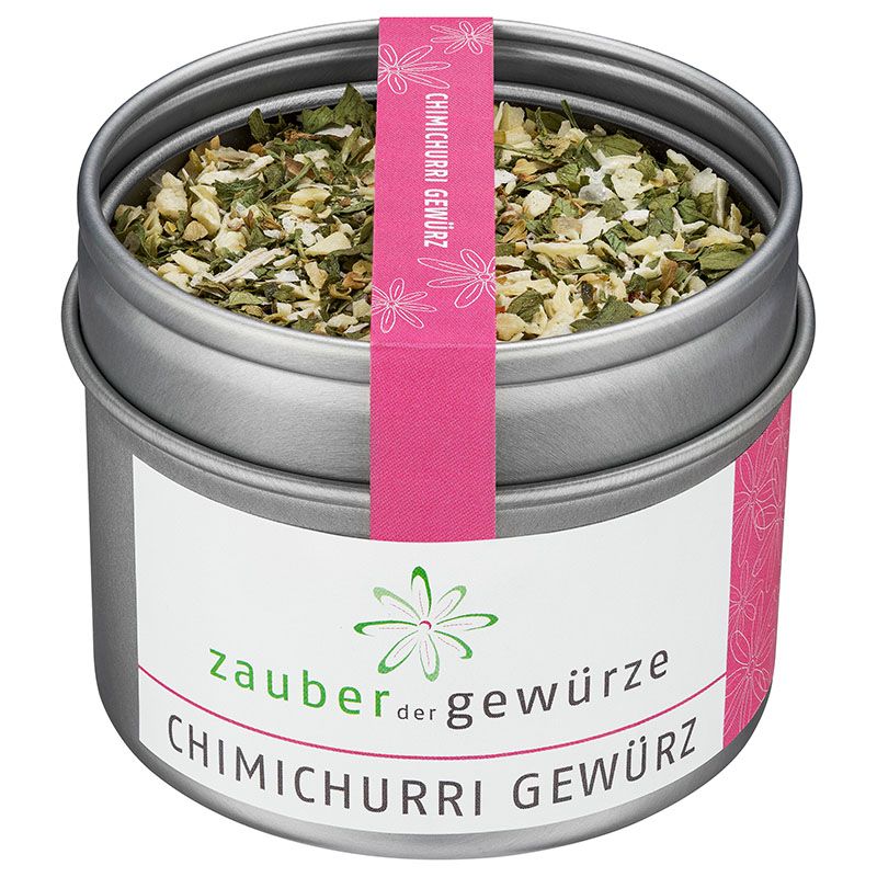 Runde Dose mit Chimichurri-Gewürzzubereitung. Rosa Etikett mit Produktname. Deckel mit Kräutern gefüllt.