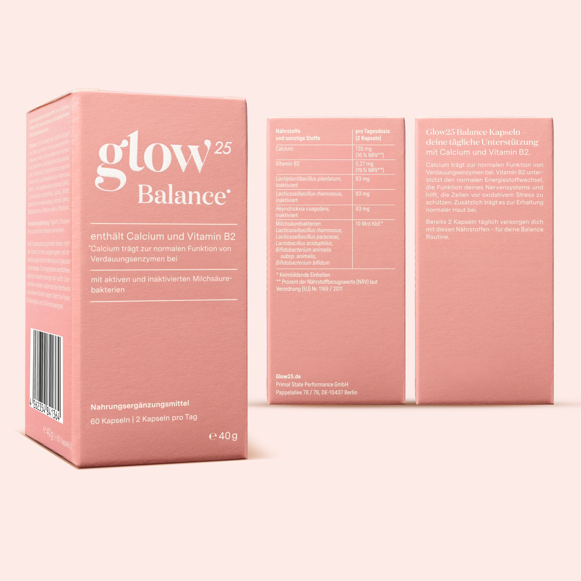 Rosa Schachtel "Glow25 Balance". Text: Calcium und Vitamin B2. Rückseite mit Informationen.