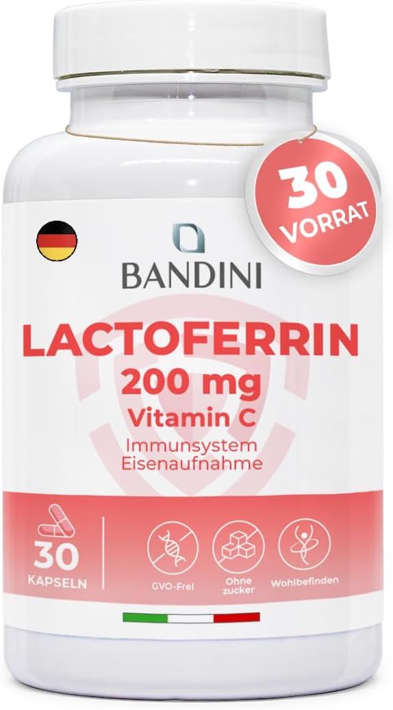Weiße Flasche mit rotem Etikett. Aufschrift: Bandini Lactoferrin 200 mg Vitamin C. 30 Kapseln.
