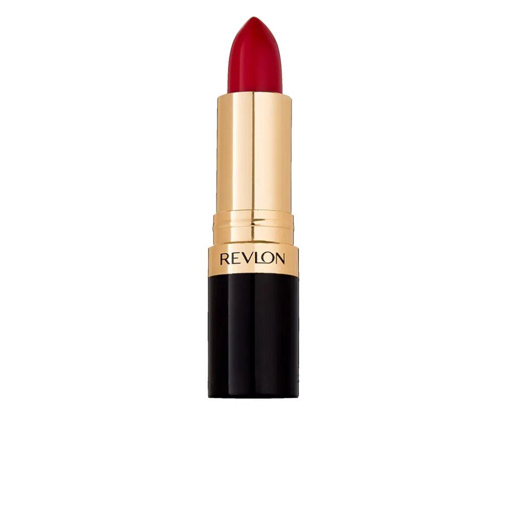 Roter Lippenstift in gold-schwarzem Gehäuse. Marke Revlon sichtbar.