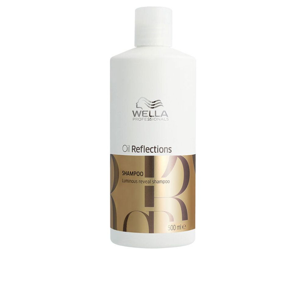 Weiße Shampoo-Flasche mit goldfarbenem Etikett. Aufschrift: Wella, Oil Reflections, Shampoo. 500 ml.