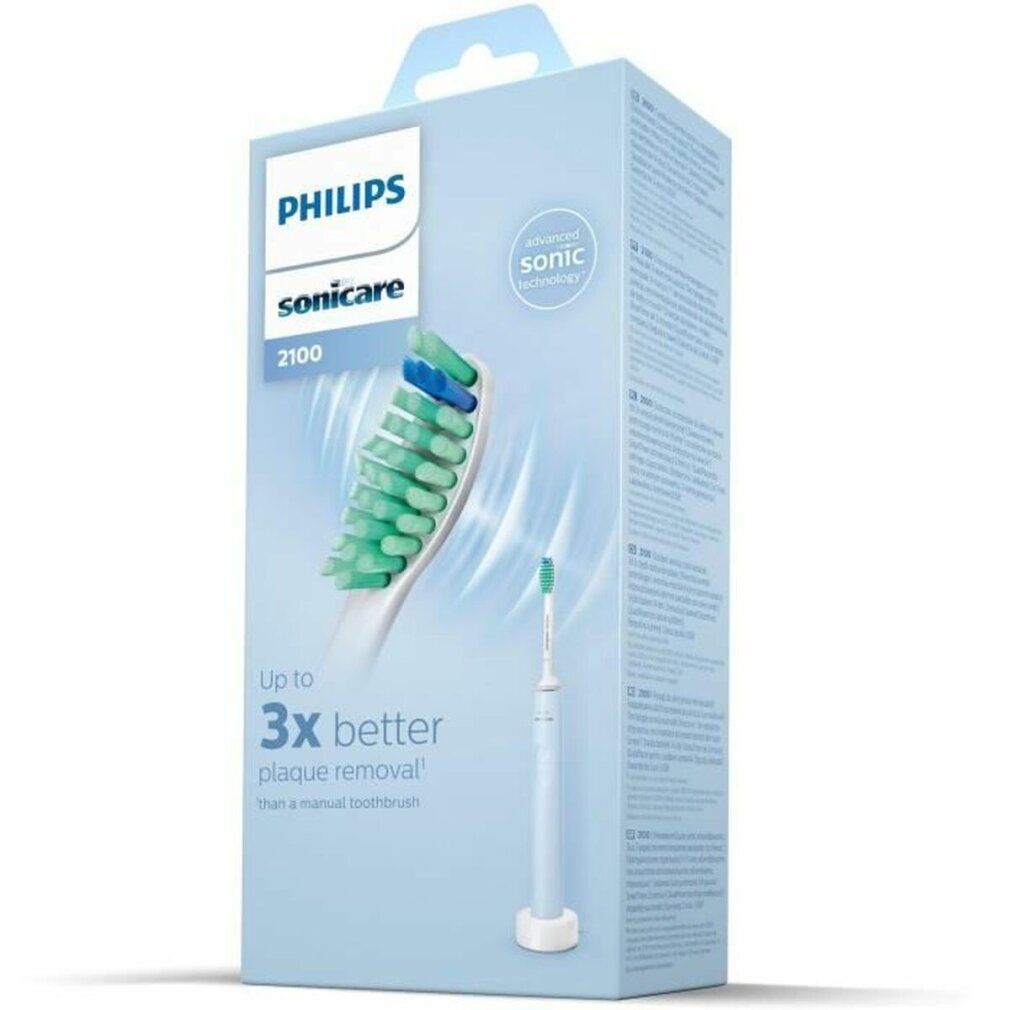 Verpackung der Philips Sonicare 2100 Zahnbürste. Produktabbildung und Text: 'Up to 3x better plaque removal'.