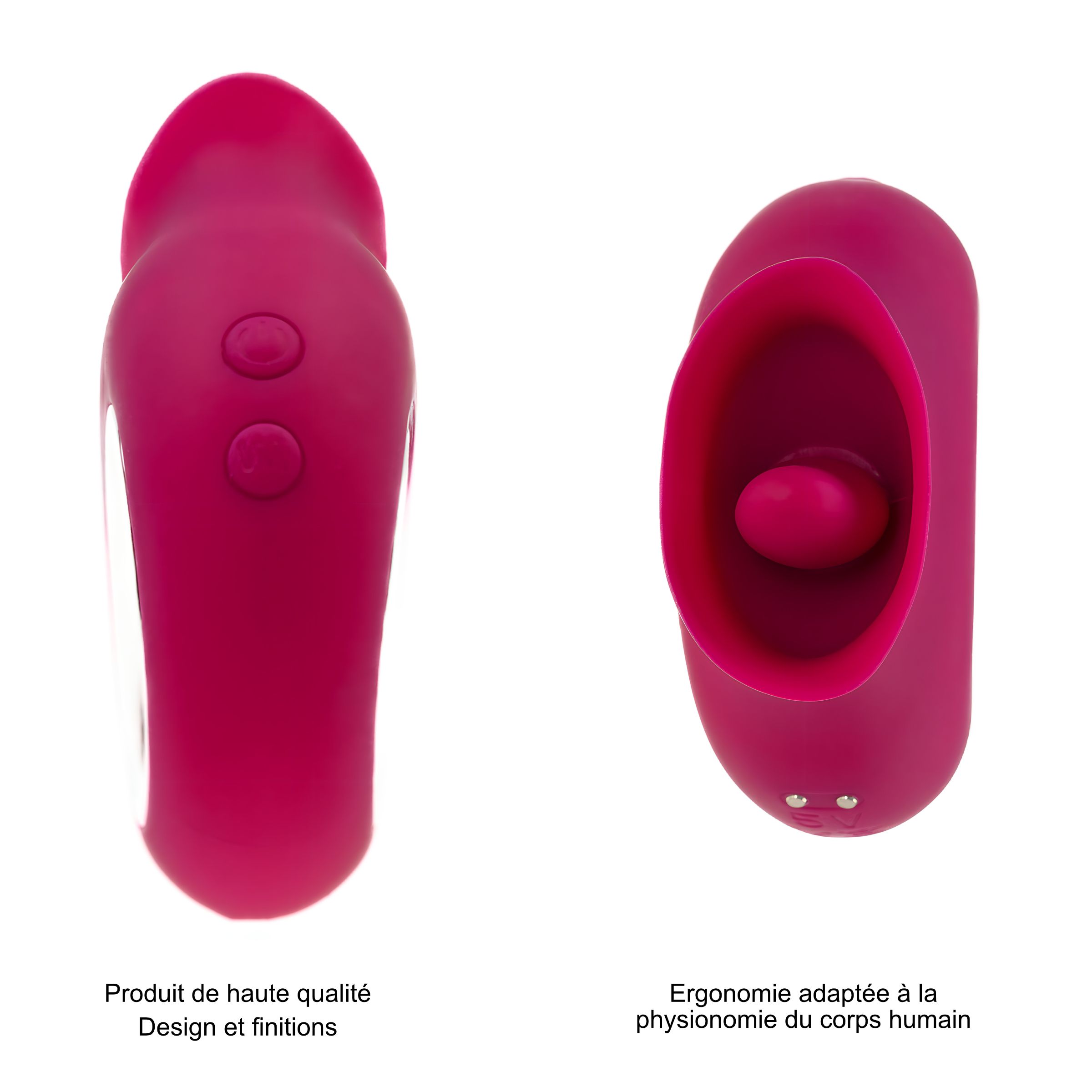Zwei Ansichten eines rosa Geräts. Links: Design und Verarbeitung. Rechts: Ergonomisch an den Körper angepasst.