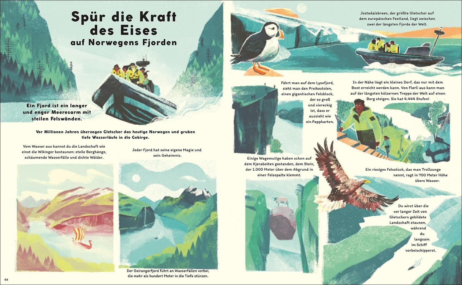 Doppelseite eines Kinderbuchs. Illustrationen zeigen eine Bootsfahrt, einen Adler, einen Papageientaucher und eine Landschaft, mit Text.