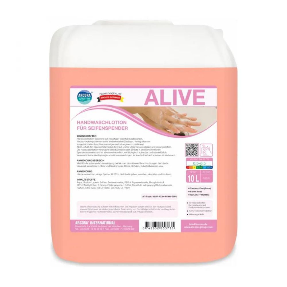 Kanister Handwaschlotion. Rosa Flüssigkeit, weißer Deckel. Aufschrift "ALIVE Handwaschlotion für Seifenspender". 10 L.