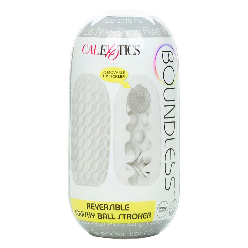 Verpackung mit Produktabbildung. Text: CALEXOTICS, BOUNDLESS, REVERSIBLE SQUISHY BALL STROKER.
