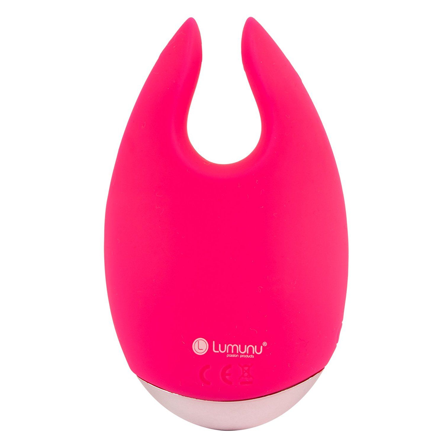 Rosa Silikon-Stimulator mit Tropfenform und Öffnung. Unterseite silberfarben. Logo 'L' sichtbar.