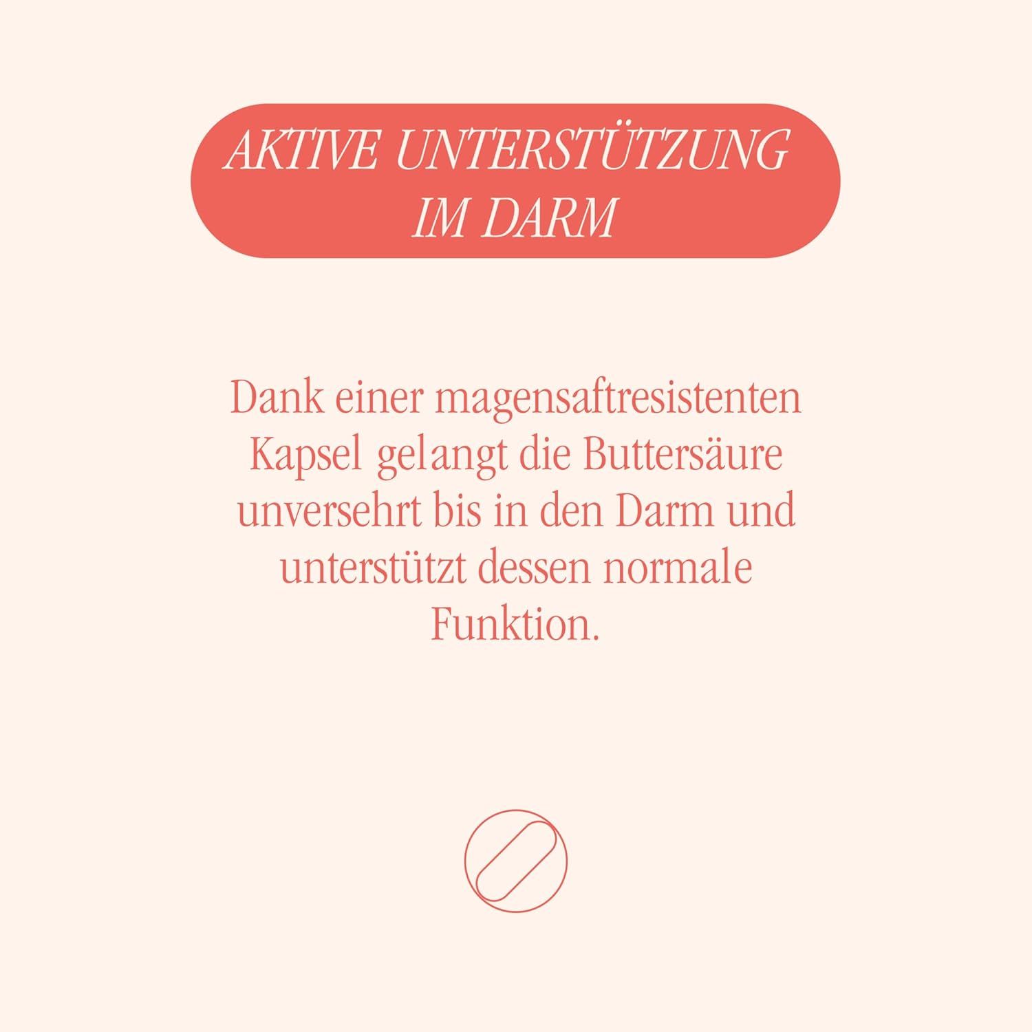 Text: Aktive Unterstützung im Darm. Kapsel gelangt unversehrt in den Darm. Unterstützt dessen normale Funktion.