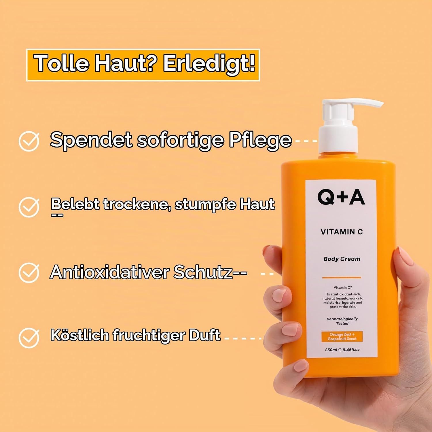 Q+A Vitamin C Body Cream Flasche mit Pumpzerstäuber, mit Zitrusfrüchten und Ingwer.