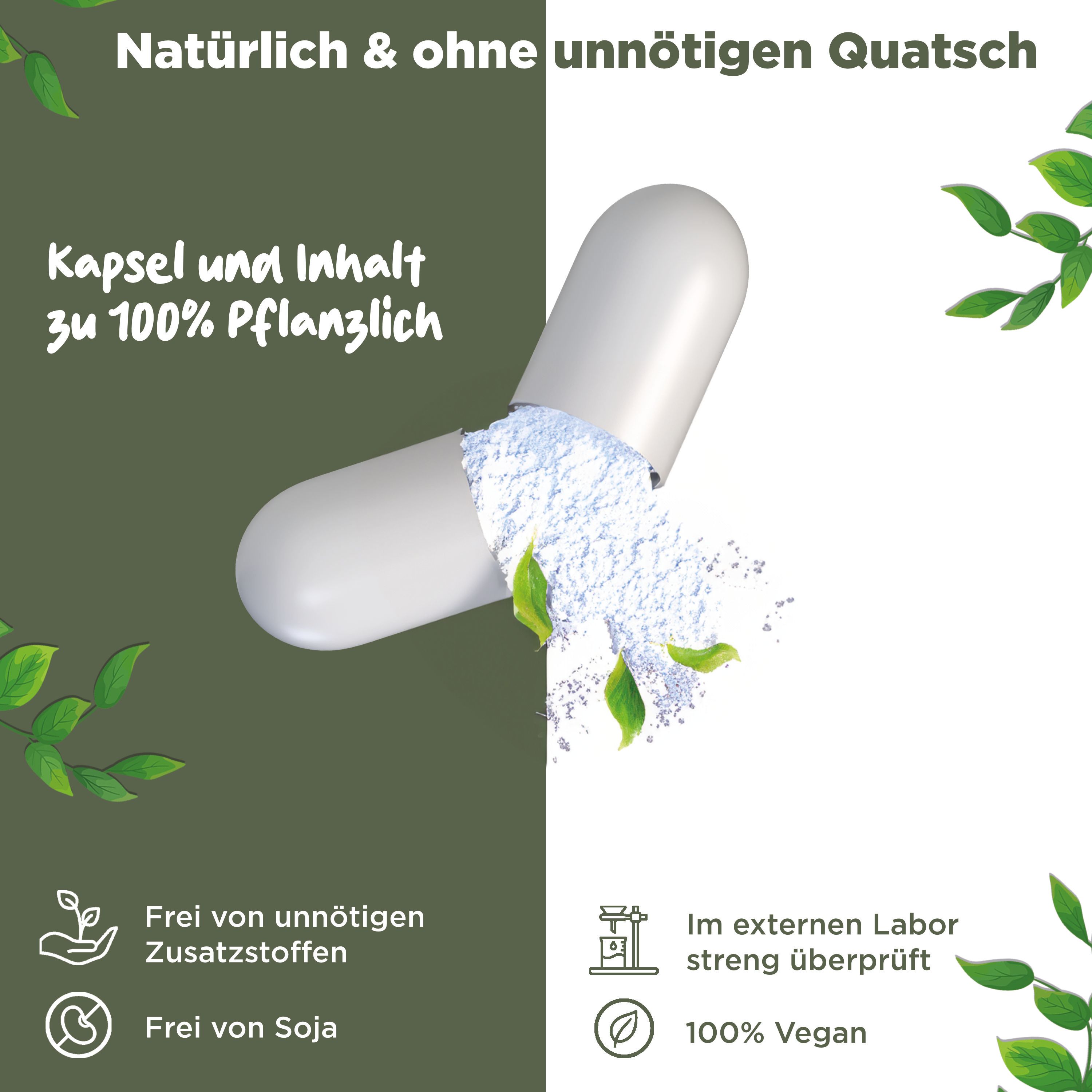 Geöffnete Kapsel mit Inhalt. Text: Kapsel und Inhalt zu 100% pflanzlich. Frei von unnötigen Zusatzstoffen, frei von Soja, 100% Vegan.