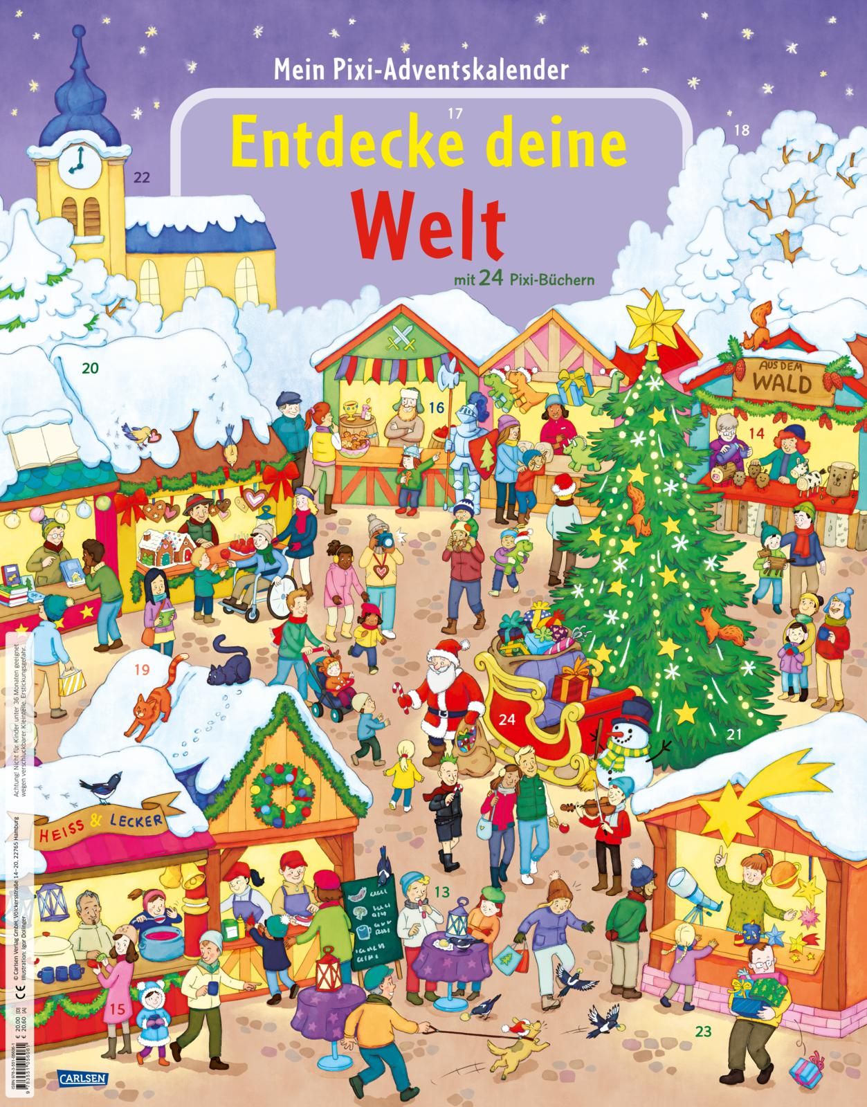 Adventskalender mit Illustration einer Winterlandschaft mit Markt, Weihnachtsmann und Text: Entdecke deine Welt.