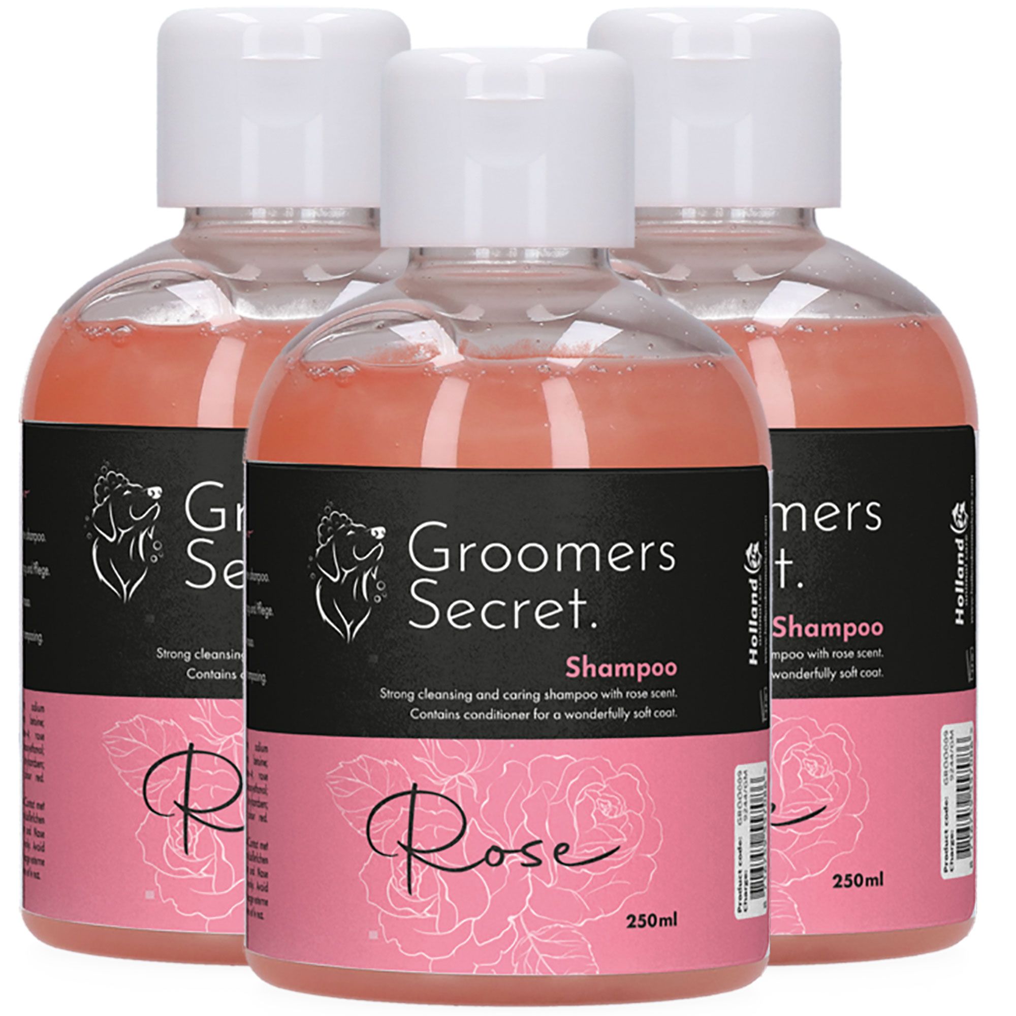 Drei Flaschen Hundeshampoo mit Rosen-Duft. Schwarzes Etikett mit Logo und Produktnamen. Rosa Flüssigkeit sichtbar. Weiße Deckel.