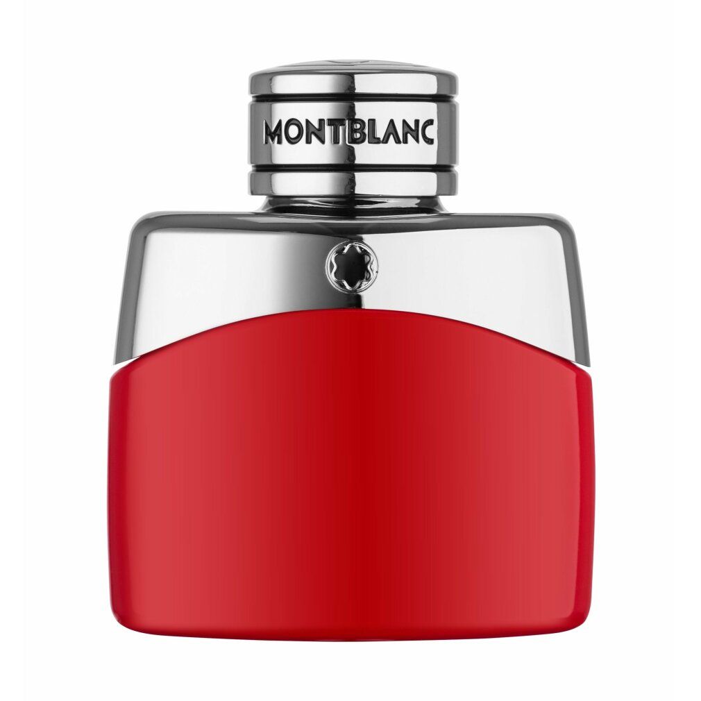 Montblanc Legend Red Eau de Parfum Flakon in Rot mit silbernem Verschluss und Emblem.