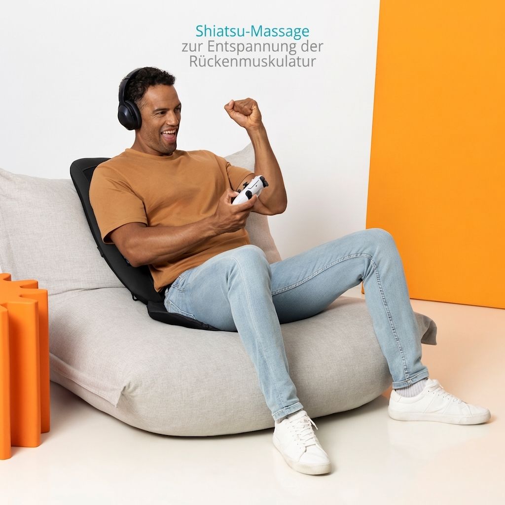 Mann entspannt sich auf einer Massageauflage, während er Videospiele spielt.