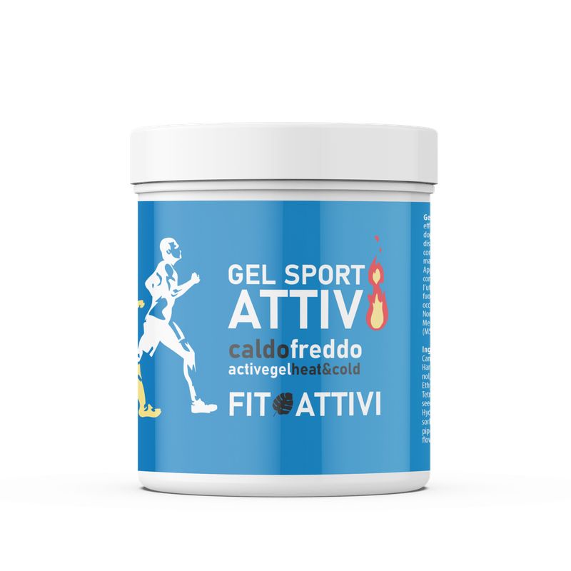 Runde Dose mit blauem Etikett. Aufschrift: Gel Sport Attiv, caldo freddo, activegel heat&cold, Fit Attivi. Abbildung eines Läufers.