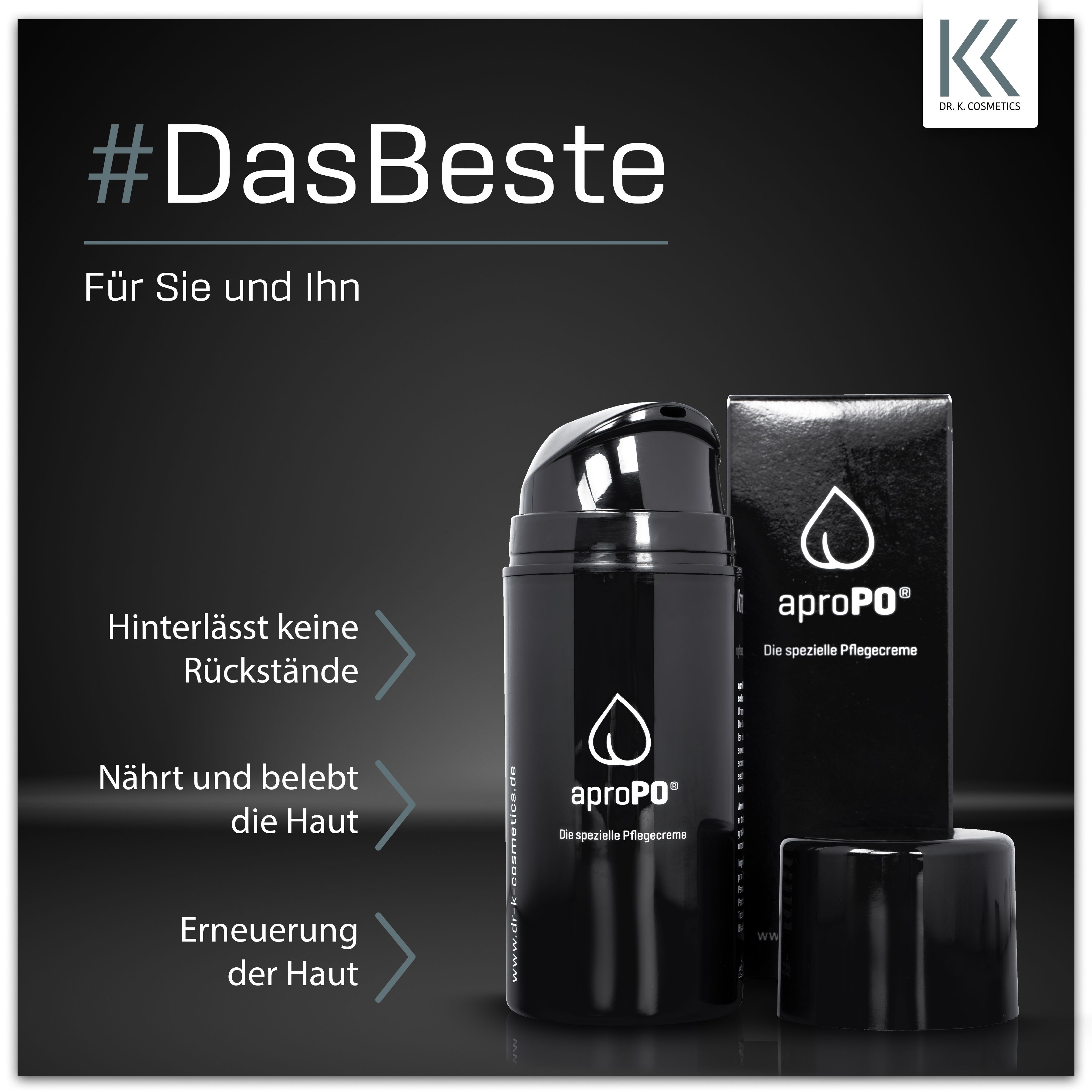 Flasche und Schachtel. Aufschrift: aproPO, die spezielle Pflegecreme. Text und Logo. Pfeile mit Text.