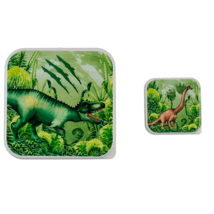 Zwei quadratische Brotdosen mit Dinosaurier-Motiven. Eine zeigt einen grünen Dinosaurier, die andere einen braunen Dinosaurier.