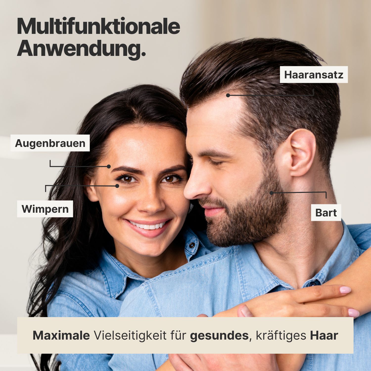 Paar umarmt sich. Bereiche für Haaransatz, Augenbrauen, Wimpern und Bart markiert. Text: Maximale Vielseitigkeit für gesundes, kräftiges Haar.