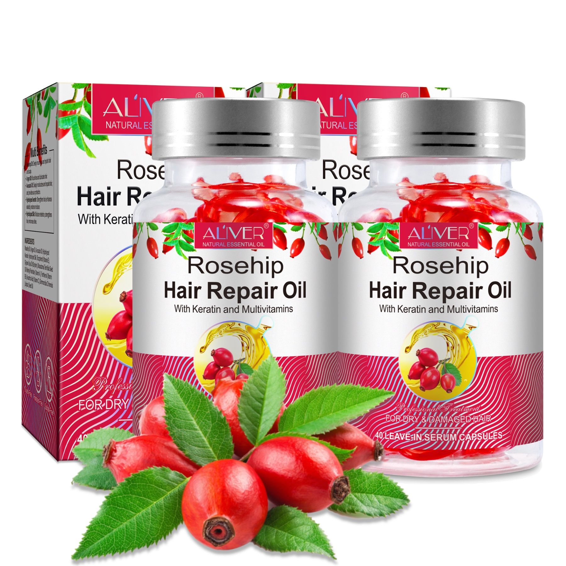 Mehrere Flaschen und eine Schachtel mit ALIVER Rosehip Hair Repair Oil Kapseln. Rote Hagebutten und Blätter liegen davor.