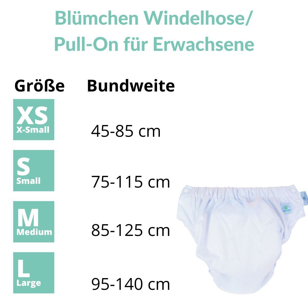 Größentabelle für Inkontinenzhosen: XS, S, M, L mit entsprechenden Bundweitenangaben.