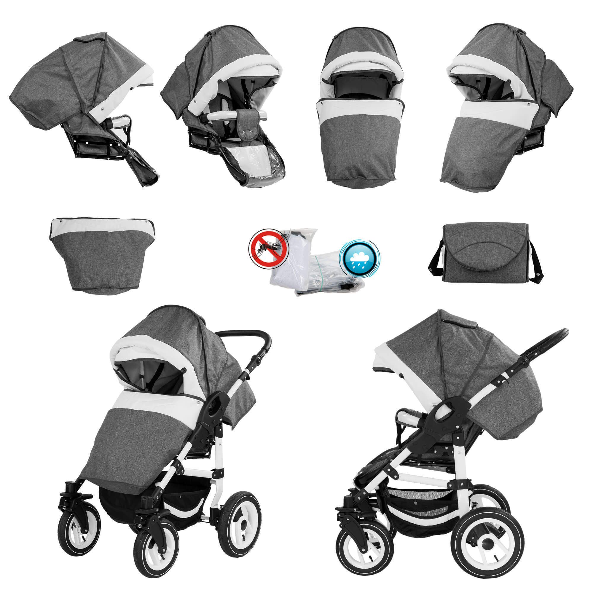 Grau-weiße Kombikinderwagen-Komponenten: Sportsitz, Babywanne, Zubehör. Mehrere Ansichten.