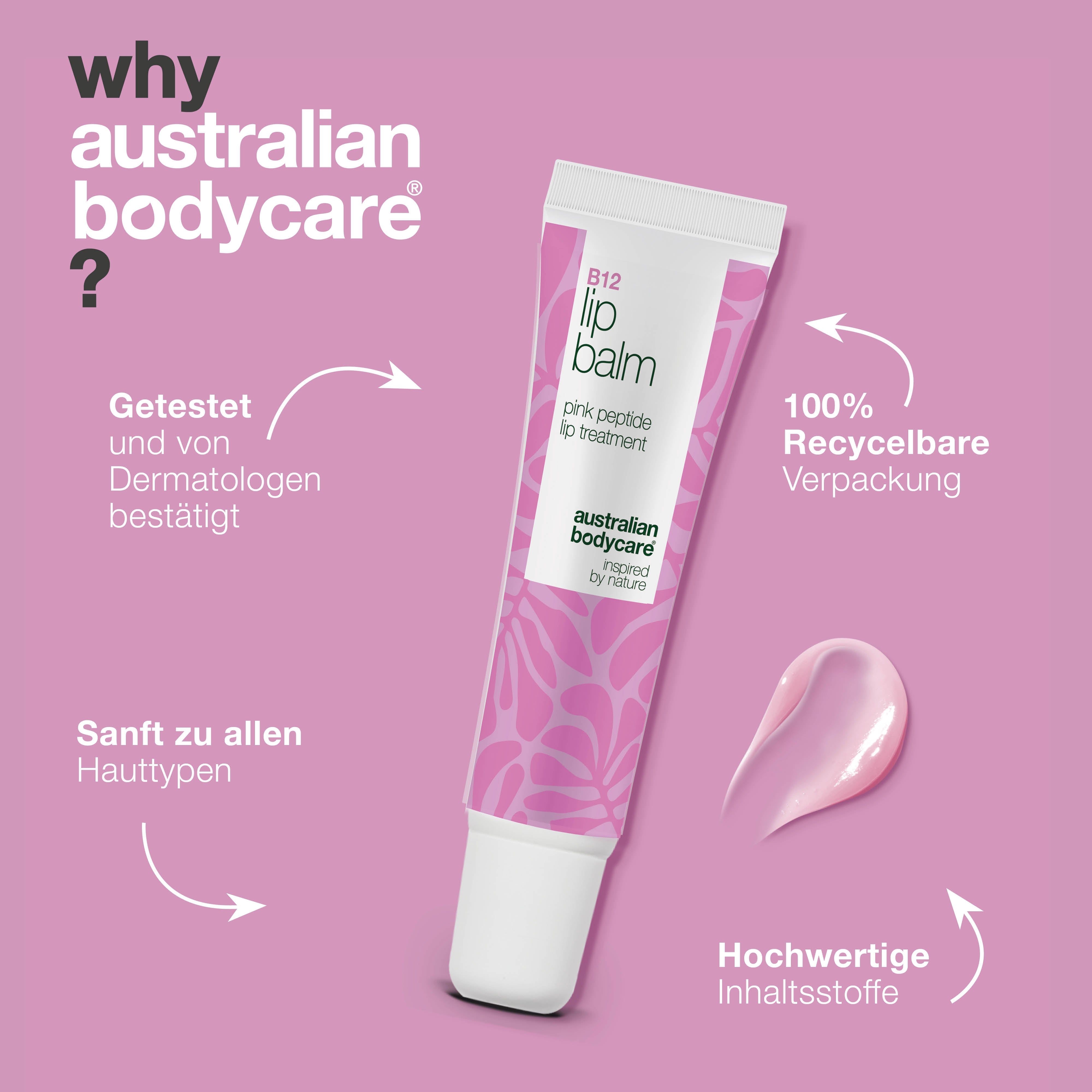 Tube Lippenbalsam. Text: B12 Lip Balm, pink peptide lip treatment. Text: Australian Bodycare. Warum Australian Bodycare? Vorteile.