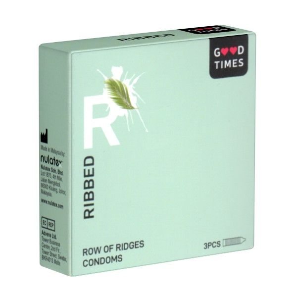 Boîte vert clair avec inscription "RIBED" et "ROW OF RIDGES CONDOMS". Logo "GOOD TIMES". Contient 3 préservatifs.