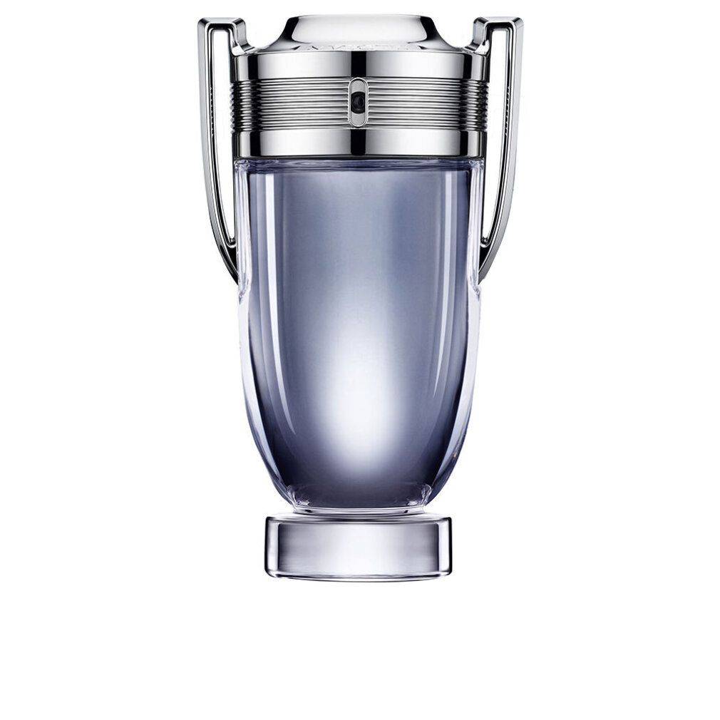 Invictus Eau de Toilette Spray. Glasflakon mit silberfarbenem Deckel. Flakon in Pokalform mit silbernen Griffen.