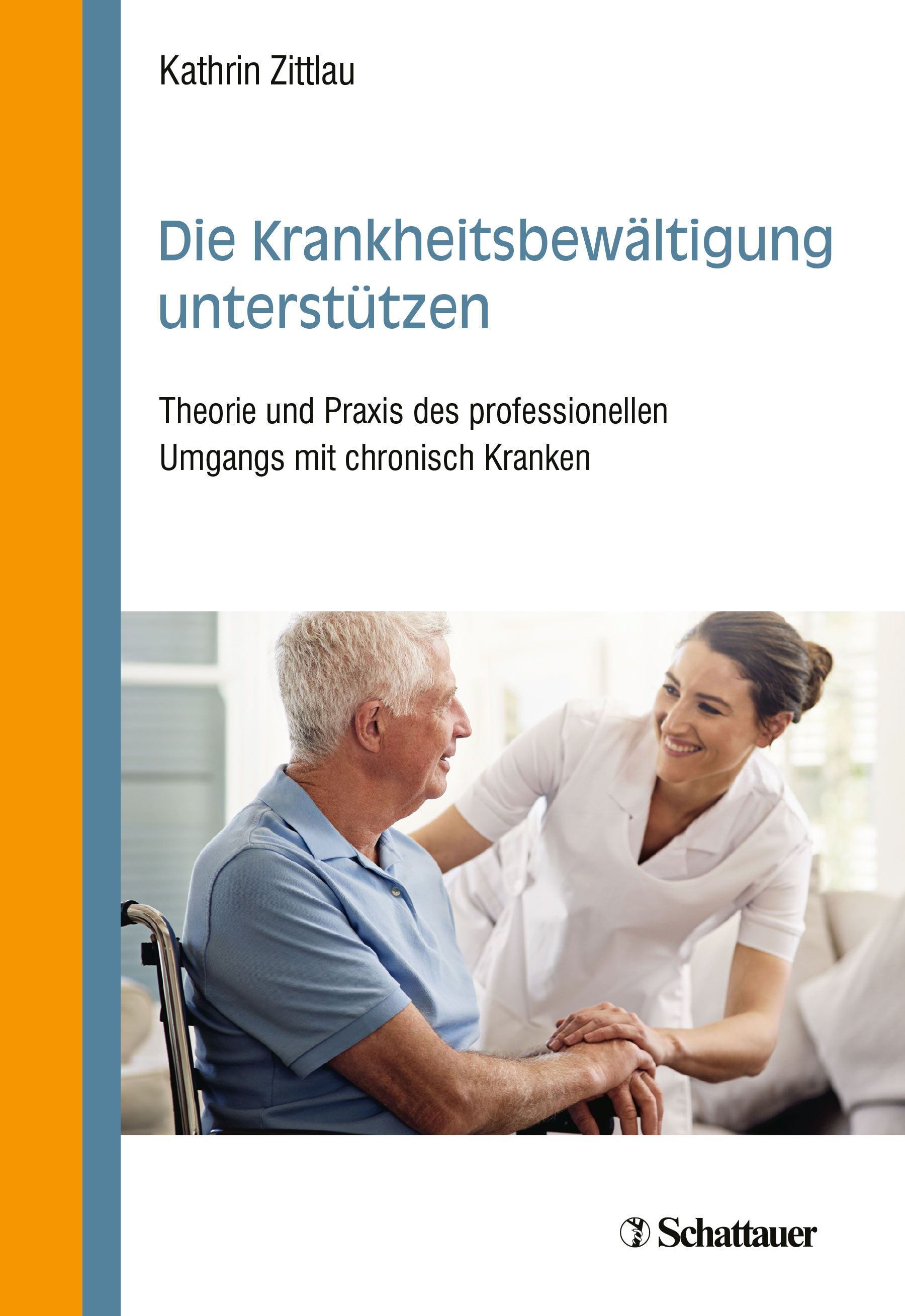 Buchcover: "Die Krankheitsbewältigung unterstützen". Titel und Autor. Abbildung: Arzt und Patient im Gespräch.