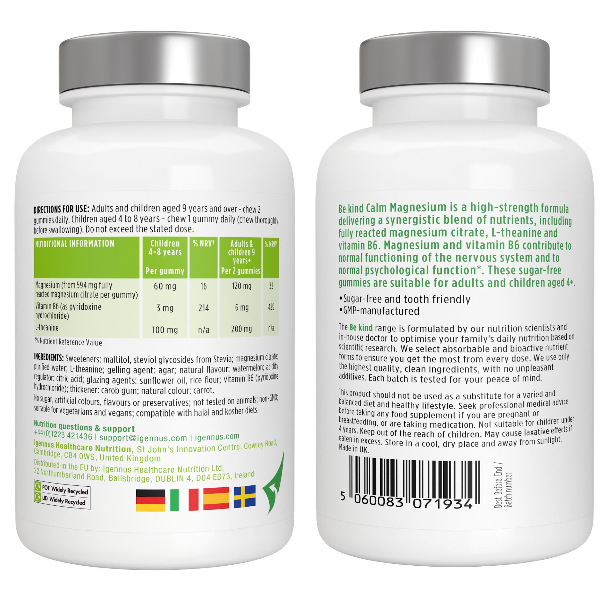 Zwei weiße Flaschen mit Calm Magnesium. Text: Für Kinder und Erwachsene, Nährwertangaben, Inhaltsstoffe, Herstellerinformationen.