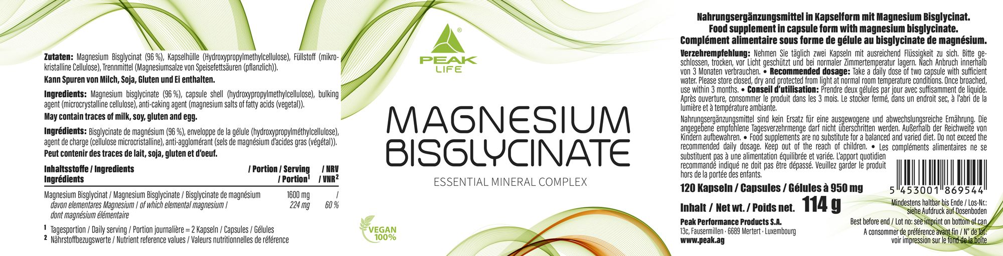 Etikett mit Produktinformationen. "PEAK Magnesium Bisglycinat", Inhaltsstoffe, Nährwertangaben, veganes Siegel.