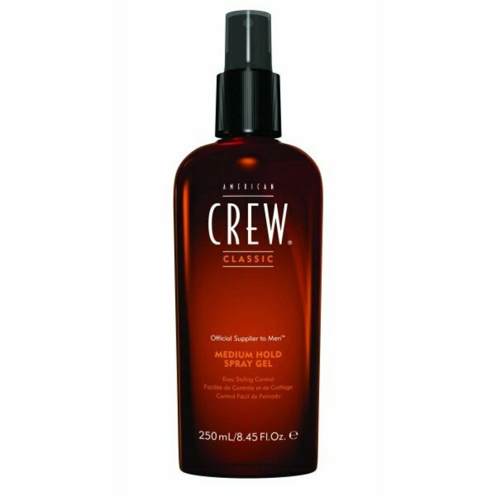 Braune Flasche mit schwarzem Sprühkopf. Aufschrift: CREW CLASSIC, MEDIUM HOLD SPRAY GEL. Volumen: 250 ml.