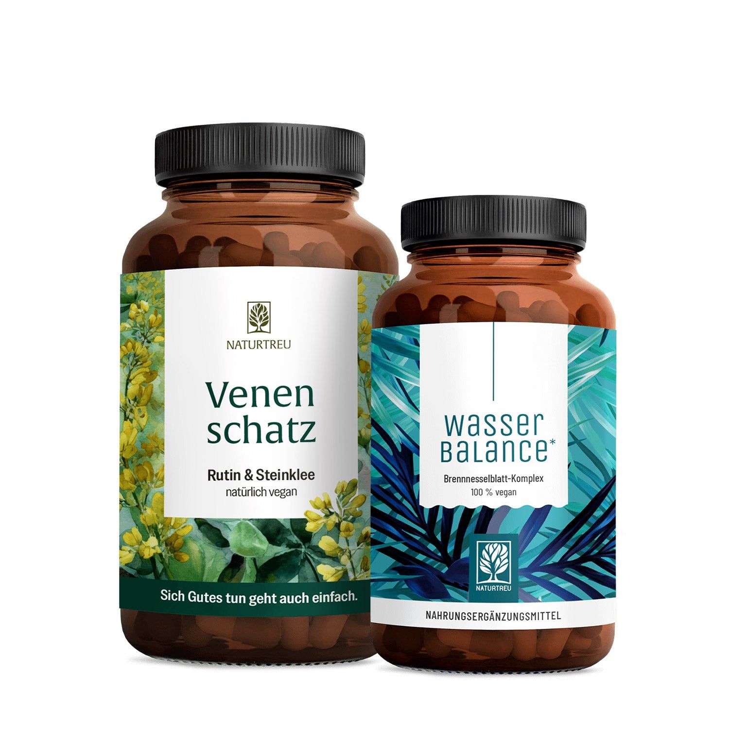 Zwei NATURTREU® Flaschen: Venen schatz und Wasser balance.