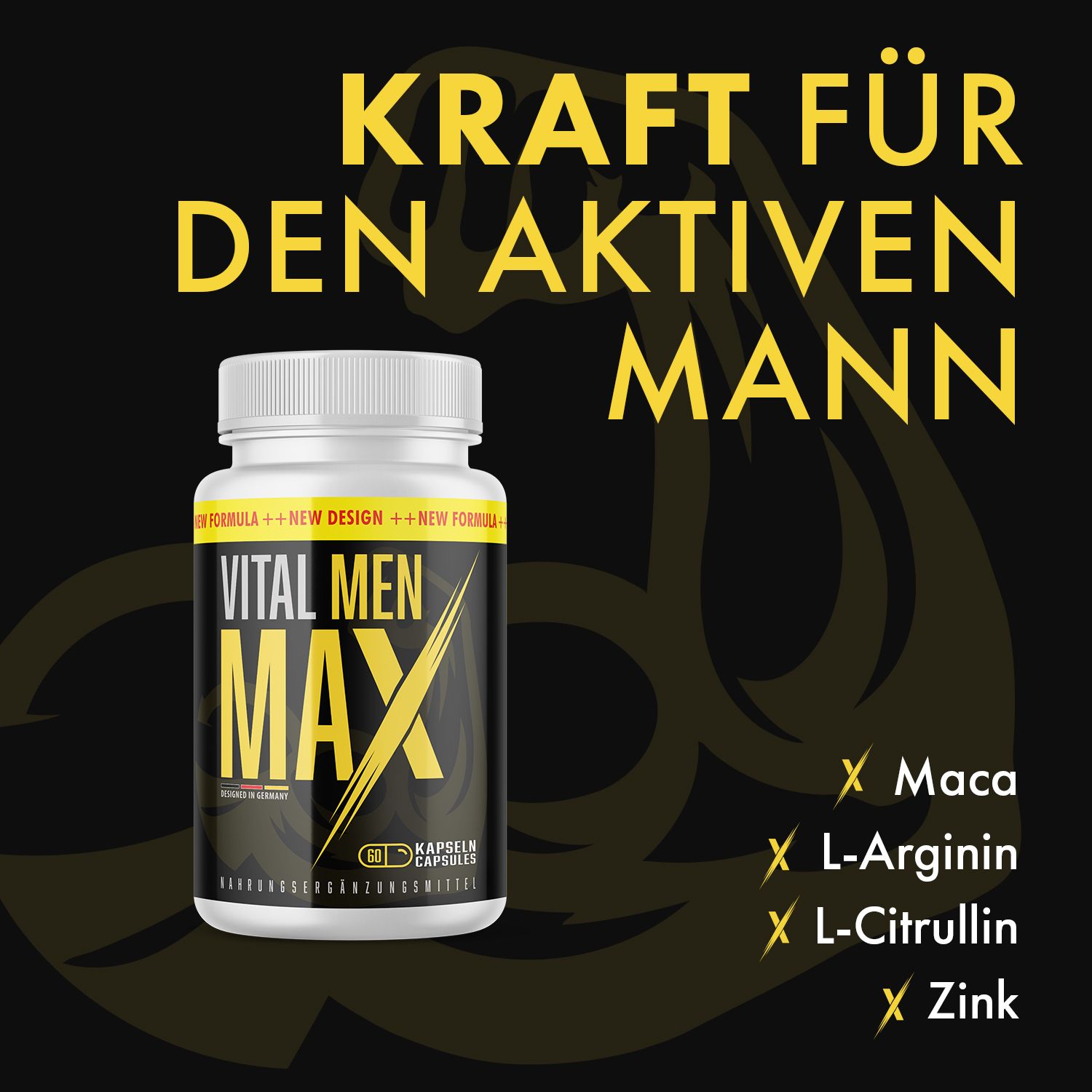 Produktflasche VITAL MEN MAX vor schwarzem Hintergrund. Gelbe Schrift: KRAFT FÜR DEN AKTIVEN MANN. Zutaten: Maca, L-Arginin, L-Citrullin, Zink.