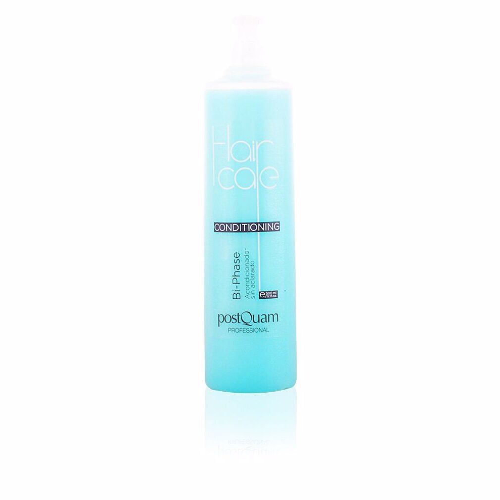 Türkisblaue Flasche mit weißem Deckel. Aufschrift: Hair Care, Conditioning, Bi-Phase, Postquam Professional.