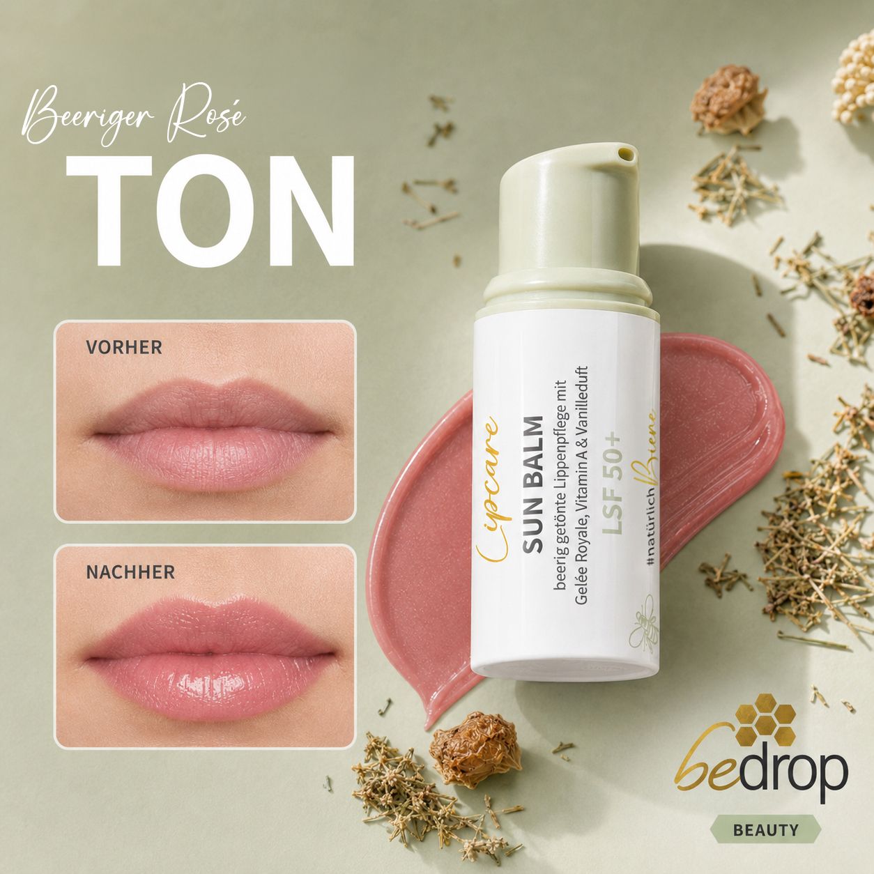 Lippenpflegebalsam mit LSF 50+, Gelée Royale, Vitamin A & Vanilleduft. Weiße Tube mit goldfarbenem Deckel. Rosa Produkt auf rosa Untergrund.