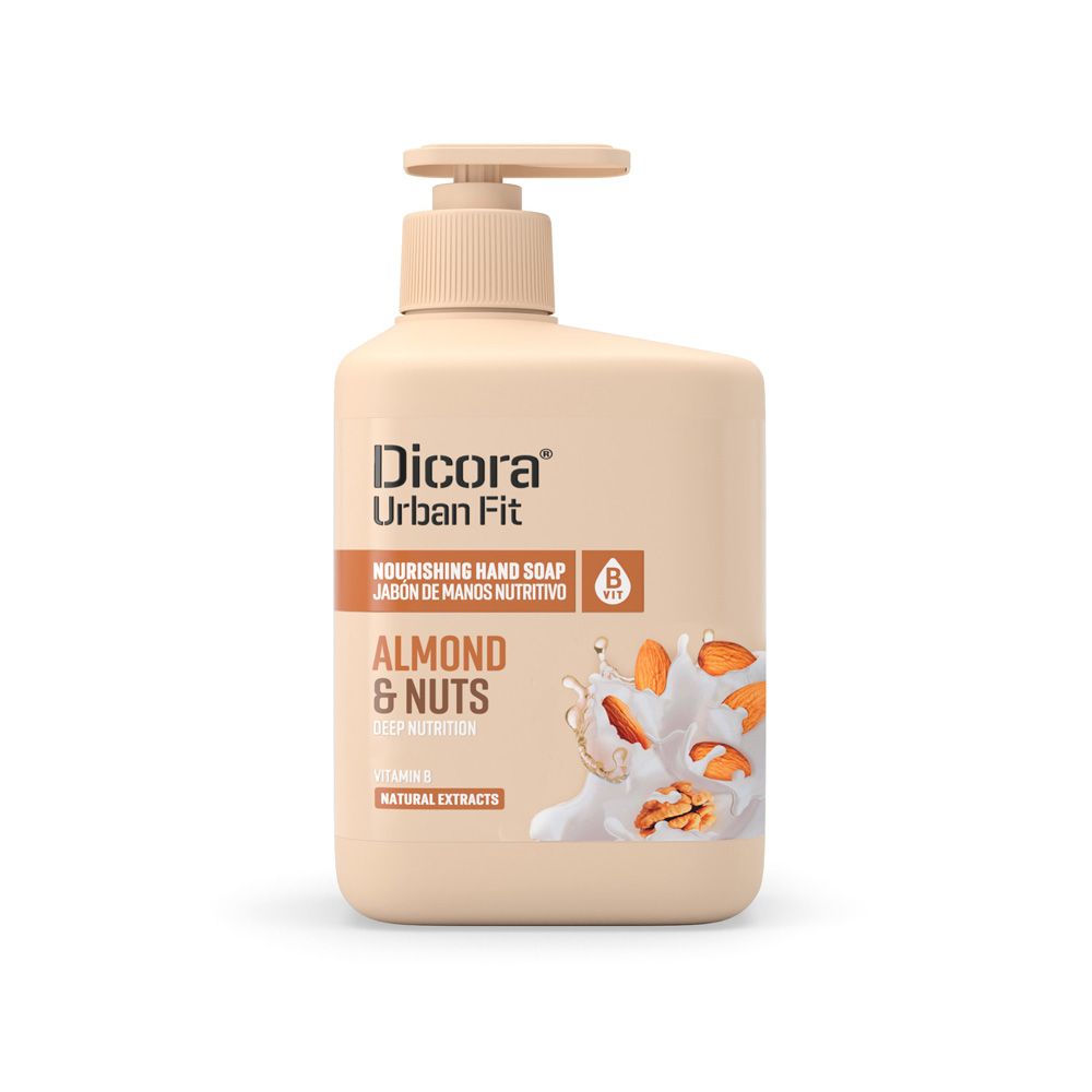 Beigefarbene Handseife mit Spender. Aufschrift: Dicora Urban Fit, Mandel & Nüsse, Vitamin B. Abbildung von Mandeln und Walnüssen.