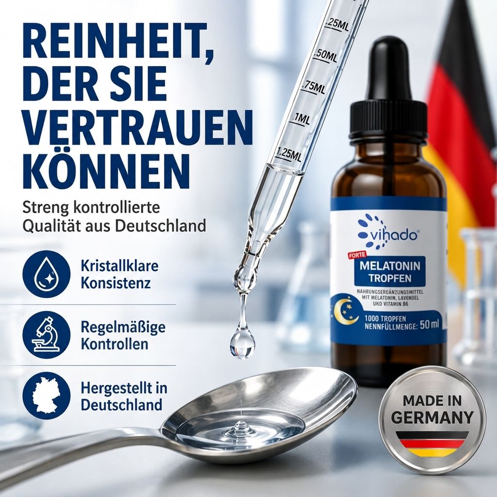Pipette tropft Vihado Melatonin Tropfen in einen Löffel. "Made in Germany" Siegel sichtbar.