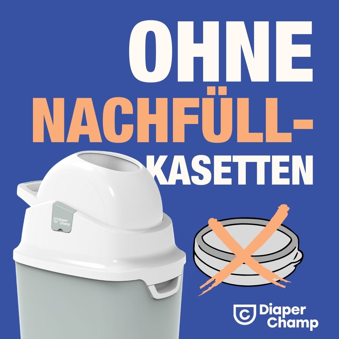 Windeleimer Diaper Champ One, grau-weiß. Text: "OHNE NACHFÜLL-KASSETTEN". Logo und Text: "Diaper Champ".