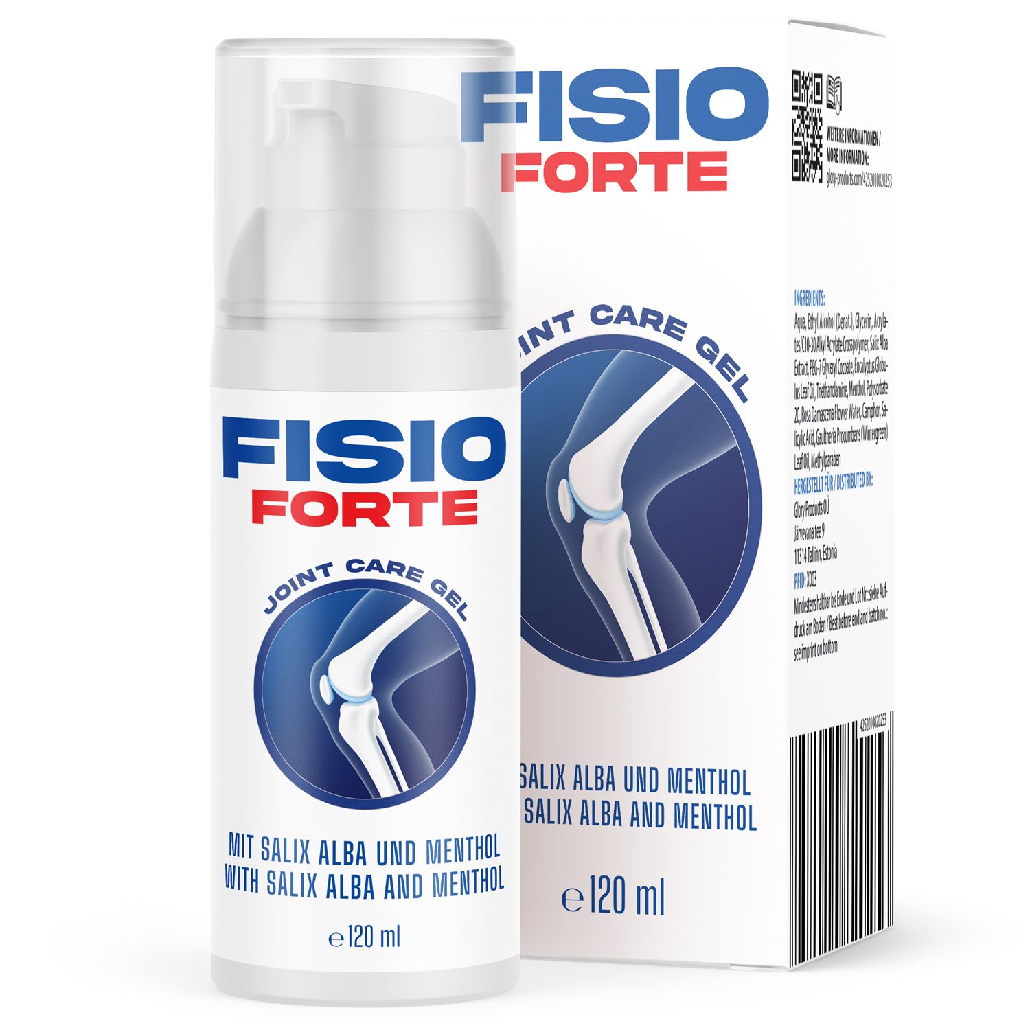 Fisio Forte Gel-Flasche und Verpackung. Aufschrift Fisio Forte, Joint Care Gel. Enthält Salix Alba und Menthol. 120 ml.