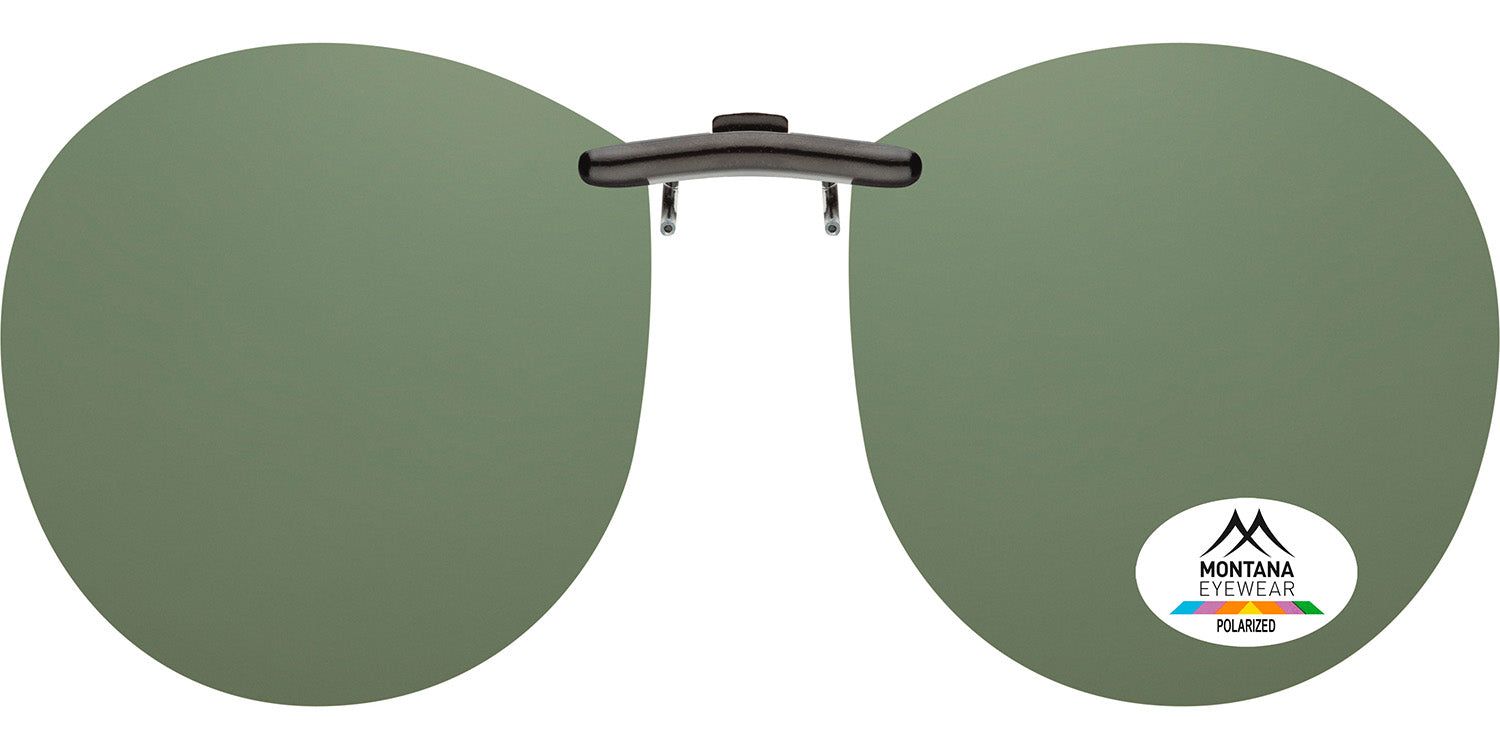 Clip-on-Sonnenbrille mit runden Gläsern. Grün getönt. Schwarzer Rahmen. Logo: Montana Eyewear. Polarisiert.