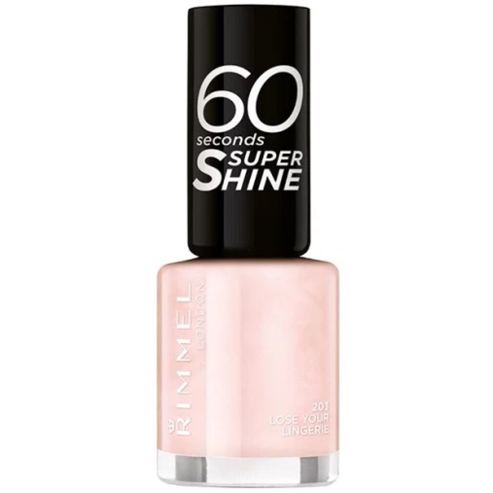 Nagellackflasche mit schwarzem Deckel. Aufschrift: 60 seconds Super Shine. Rosa Lack mit Aufschrift Rimmel London.