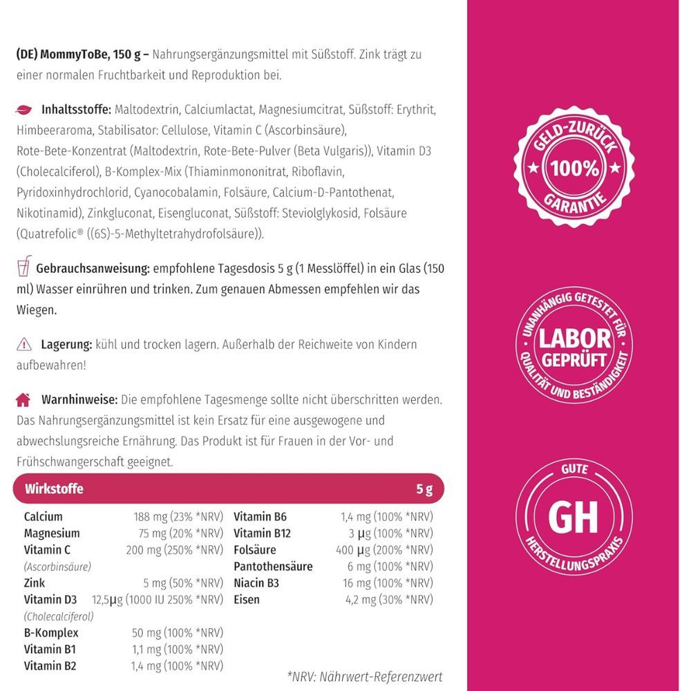 Rückseite der Dose Nature's Finest Mommy ToBe. Inhaltsstoffe, Nährwertangaben, Warnhinweise, Labor geprüft, GH-Herstellungspraxis.