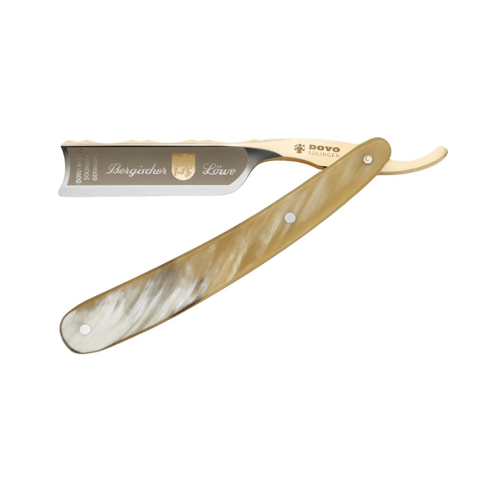 Rasiermesser mit Griff. Klinge mit Schriftzug "Bergischer Löwe" und Logo. Marke DOVO Solingen.