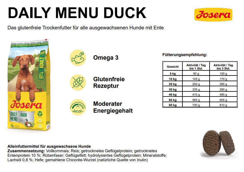 Josera Daily Menu Adult Duck, Trockenfutter für ausgewachsene Hunde mit Ente, Glutenfreie Rezeptur