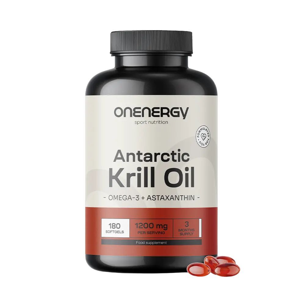 Dunkle Flasche mit Kapseln. Aufschrift: OnEnergy, Antarctic Krill Oil, Omega-3 + Astaxanthin. 180 Softgels, 1200 mg.