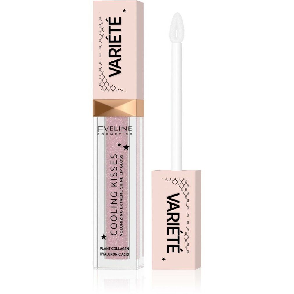 Lipgloss mit Applikator. Rosa Verpackung mit Schriftzug VARIÉTÉ. Aufschrift COOLING KISSES, VOLUMIZING EXTREME SHINE LIP GLOSS und EVELINE COSMETICS.