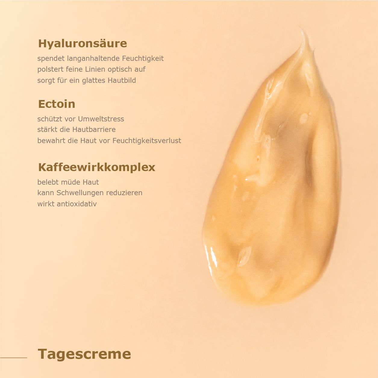 Tropfen von ANISSA Tagescreme mit Text über Hyaluronsäure, Ectoin und Kaffeewirkkomplex.