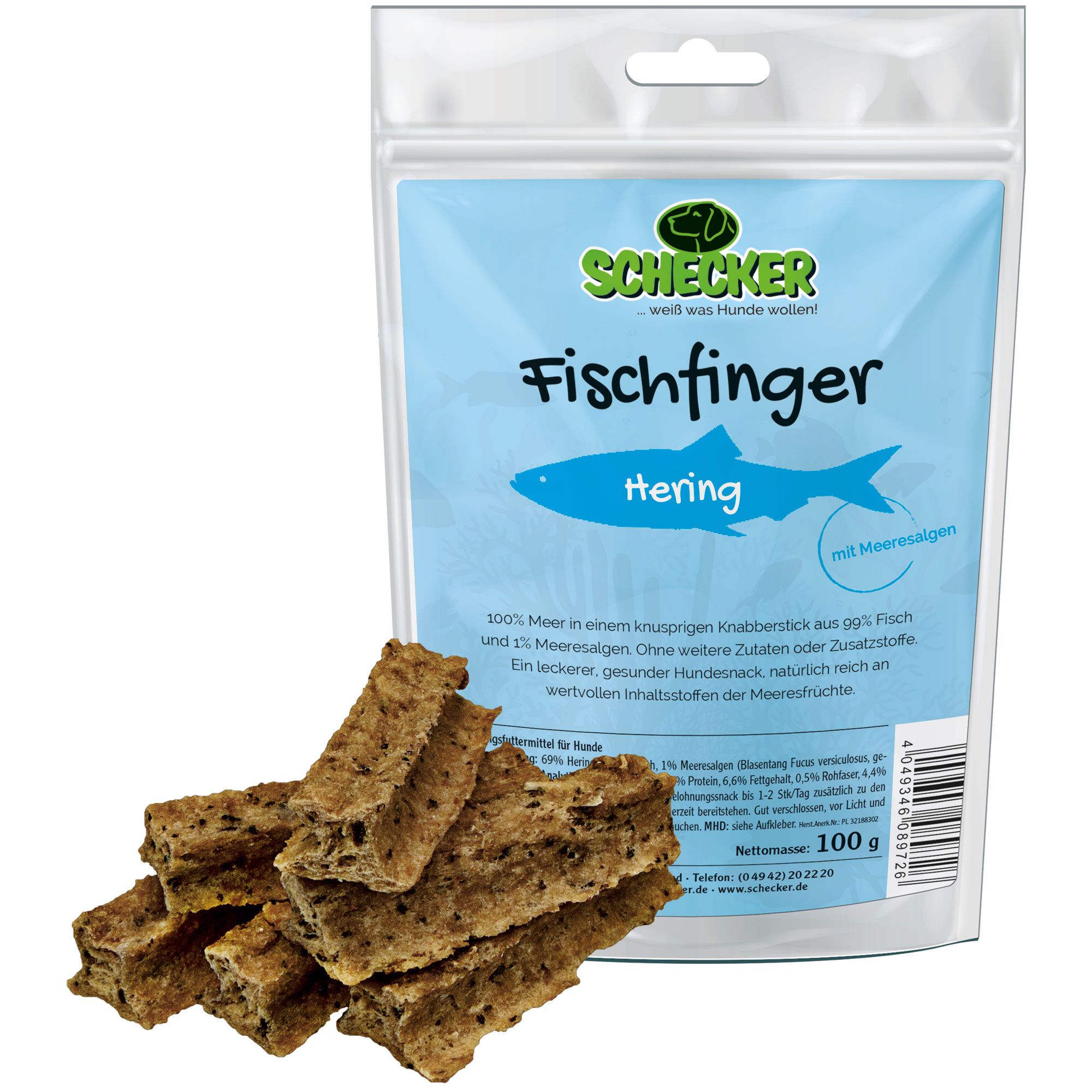 Fischfinger-Hundesnack mit Hering. Einzelne Snacks und Verpackung. Verpackung mit Logo und Produktbezeichnung.